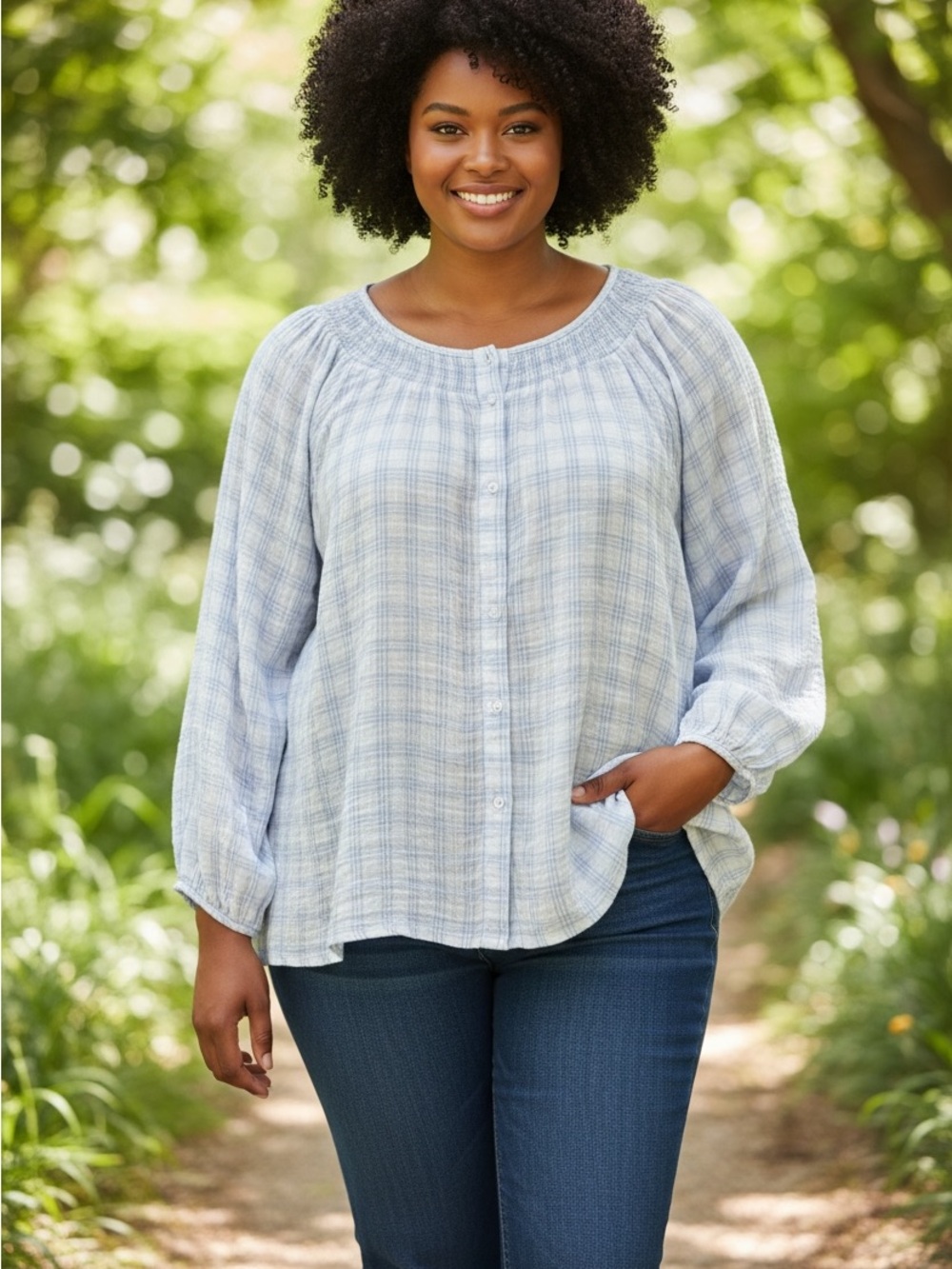 Ava & Viv Light Blue Plaid Button-Front Peasant Top